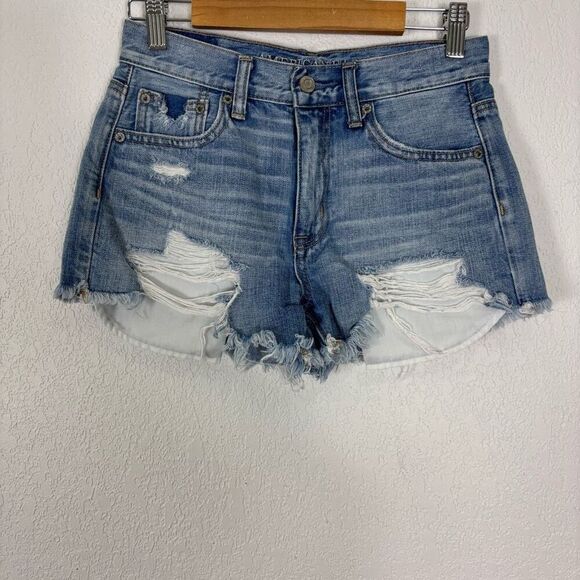 American Eagle Hi-Rise Festival Distressed Raw Hem Jean Shorts Size 2 - Picture 1 of 5